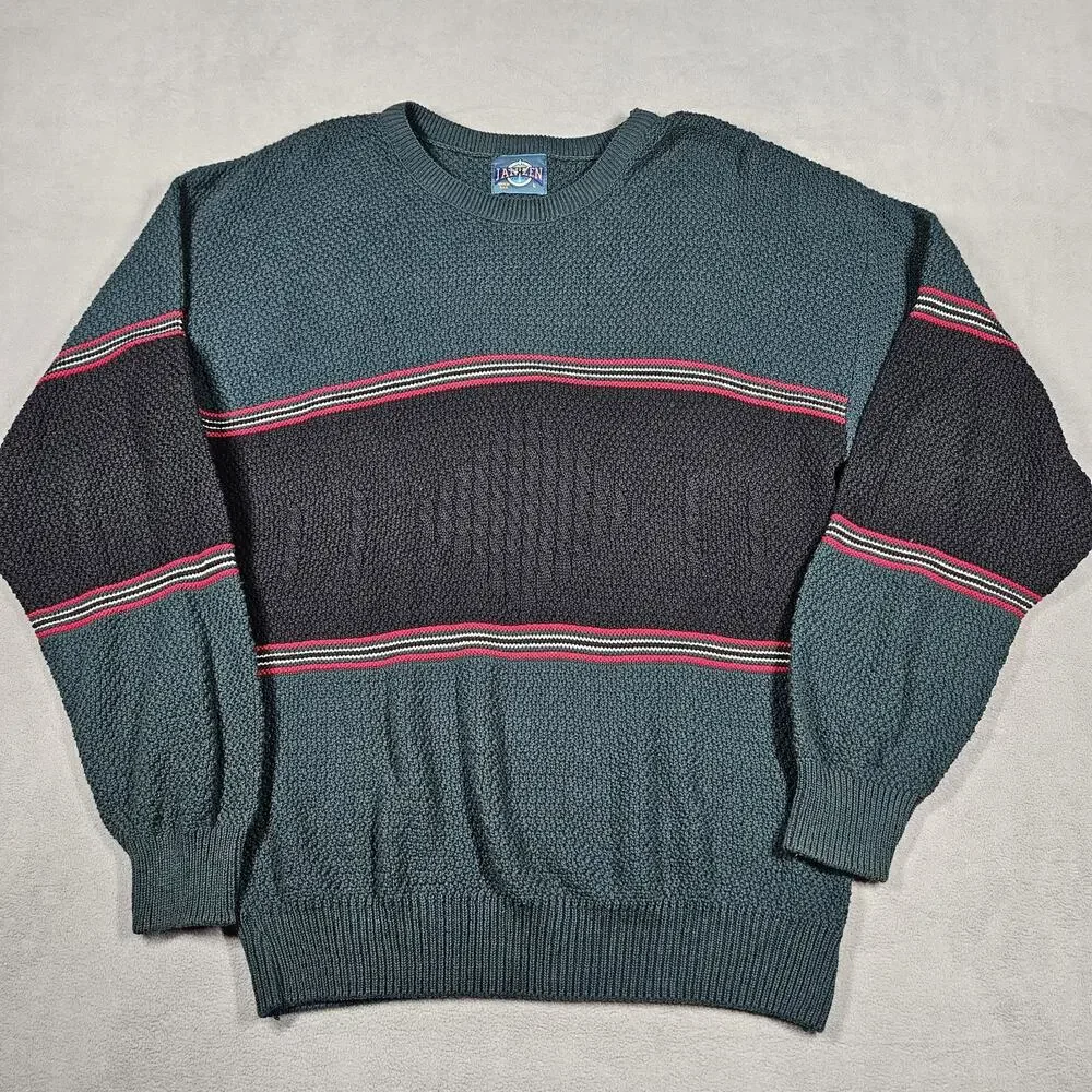 Vtg Jantzen Sweater‎ Mens Large Green Black Colorblock Pullover Grandpa USA 90s
